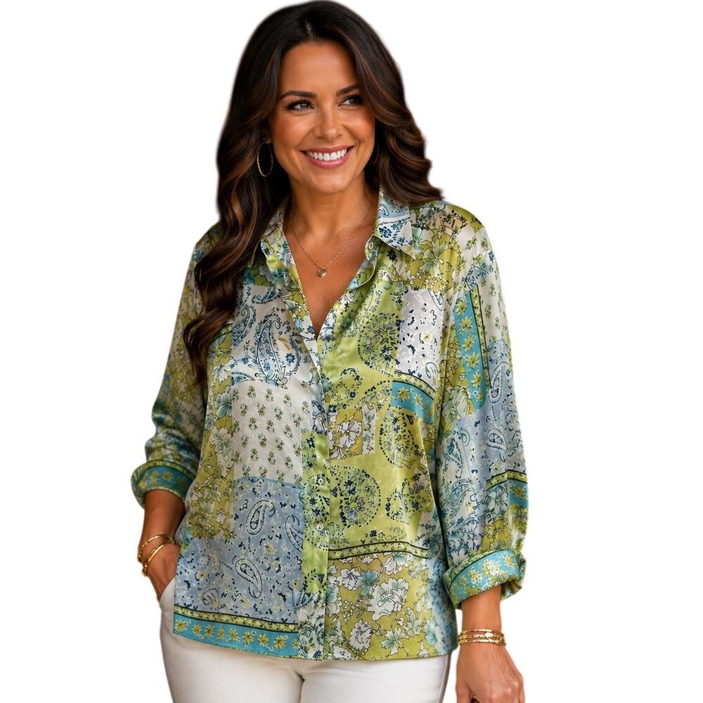 Zara Satin Paisley Patchwork Top Womens Medium Button Front Green Blue
